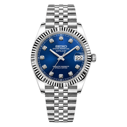 Datejust (Blue Gem) Seiko NH35 automatic mod watch. A blue dial watch with a fluted bezel and a jubilee bracelet, shown in a full product shot.