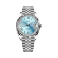 Datejust (Blue Roman) Seiko NH35 automatic mod watch. A light blue dial watch with a silver fluted bezel and a silver metal jubilee bracelet shown in a full product shot.