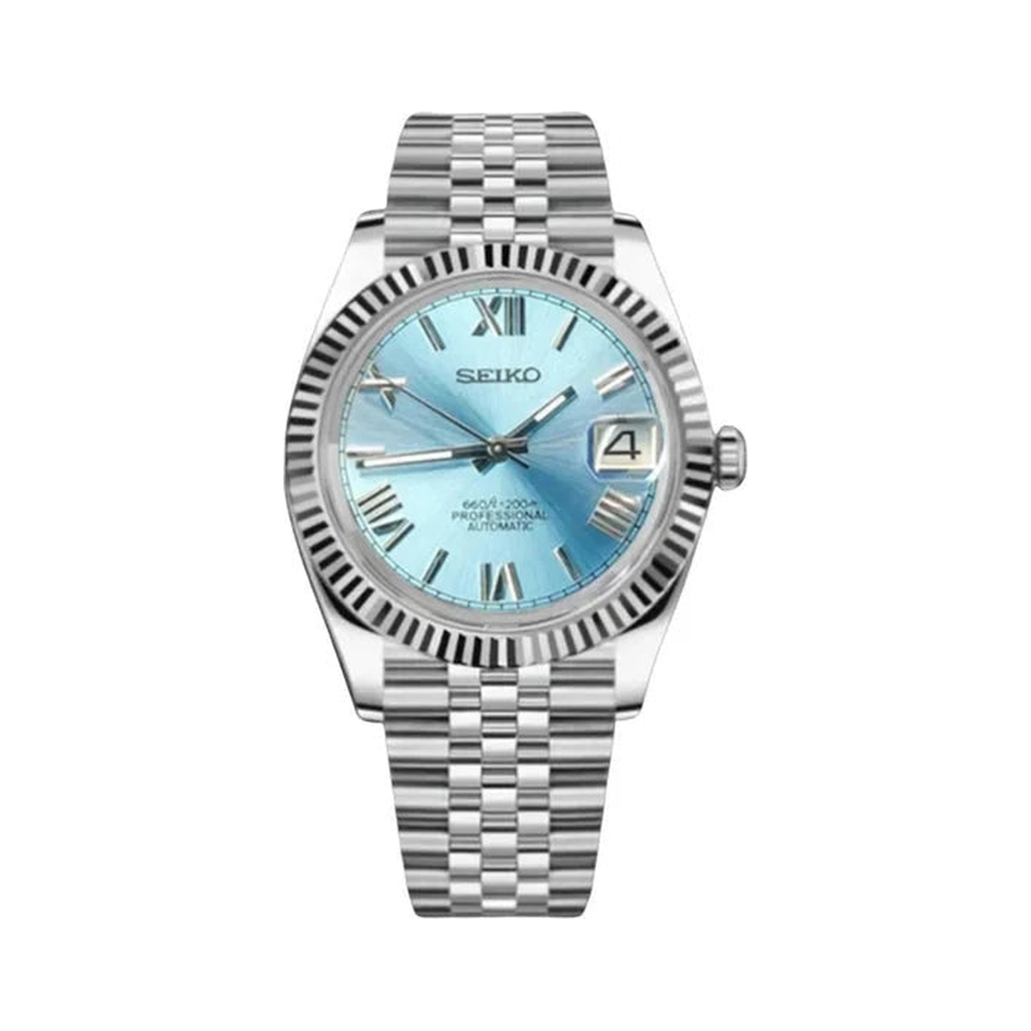 Datejust (Blue Roman) Seiko NH35 automatic mod watch. A light blue dial watch with a silver fluted bezel and a silver metal jubilee bracelet shown in a full product shot.