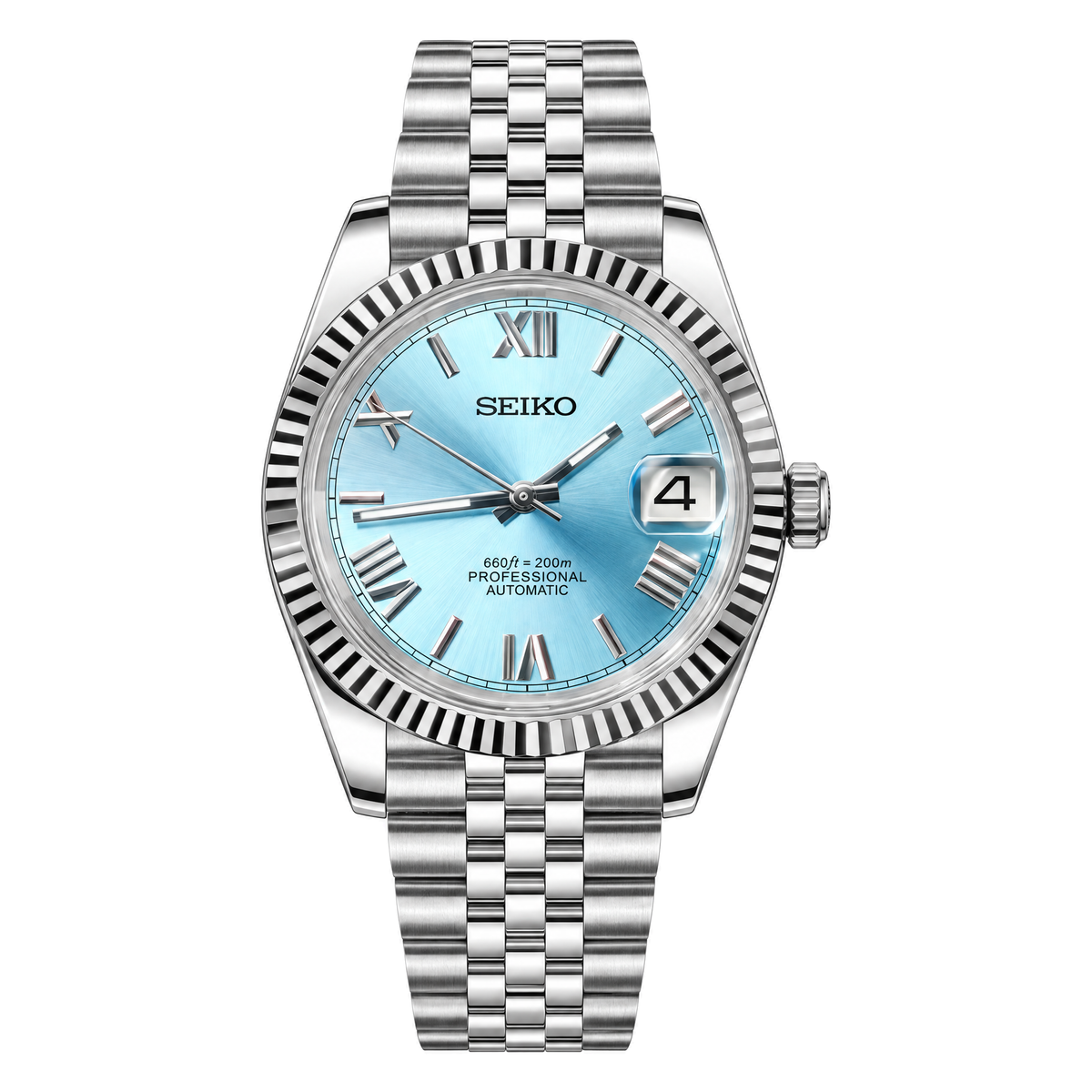 Datejust (Blue Roman) Seiko NH35 automatic mod watch. A light blue dial watch with a silver fluted bezel and a silver metal jubilee bracelet shown in a full product shot.
