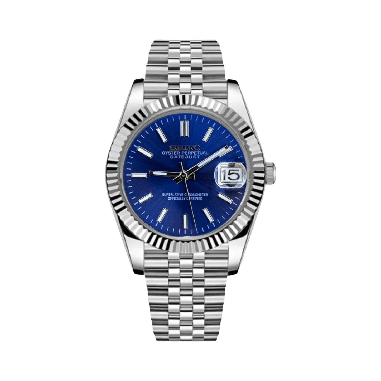 Datejust (Blue) Seiko NH35 automatic mod watch. A blue dial watch with a fluted bezel and a jubilee bracelet, shown in a full product shot.