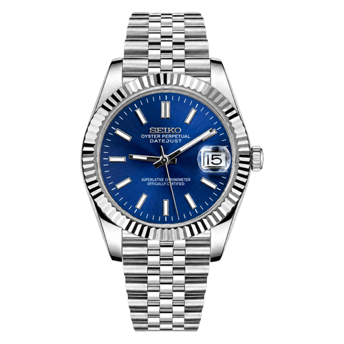 Datejust (Blue) Seiko NH35 automatic mod watch. A blue dial watch with a fluted bezel and a jubilee bracelet, shown in a full product shot.