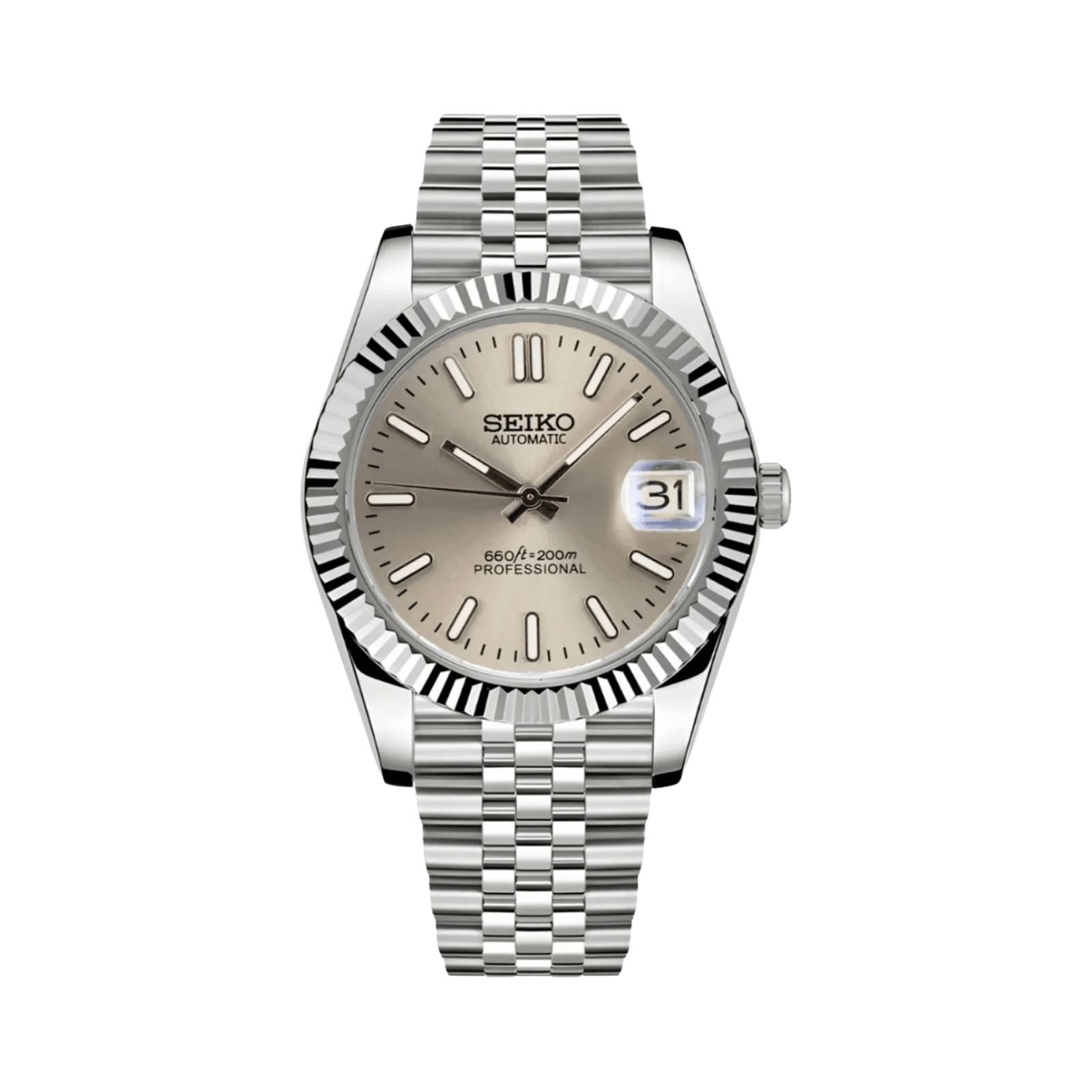 Datejust (Bronze) Seiko NH35 automatic mod watch. A champagne dial watch with a fluted bezel and a jubilee bracelet, shown in a full product shot.