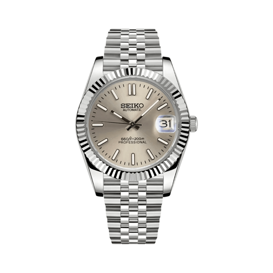 Datejust (Bronze) Seiko NH35 automatic mod watch. A champagne dial watch with a fluted bezel and a jubilee bracelet, shown in a full product shot.