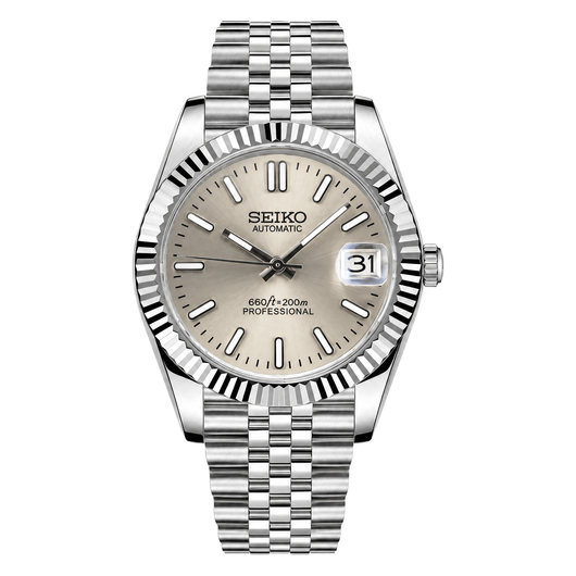 Datejust (Bronze) Seiko NH35 automatic mod watch. A champagne dial watch with a fluted bezel and a jubilee bracelet, shown in a full product shot.