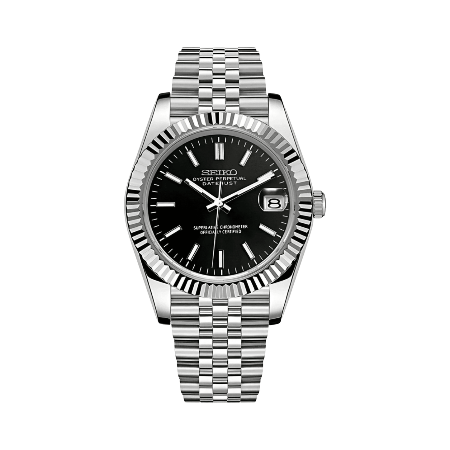 Datejust (Classic Black) Seiko NH35 automatic mod watch. A black dial watch with a fluted bezel and a jubilee bracelet, shown in a full product shot.