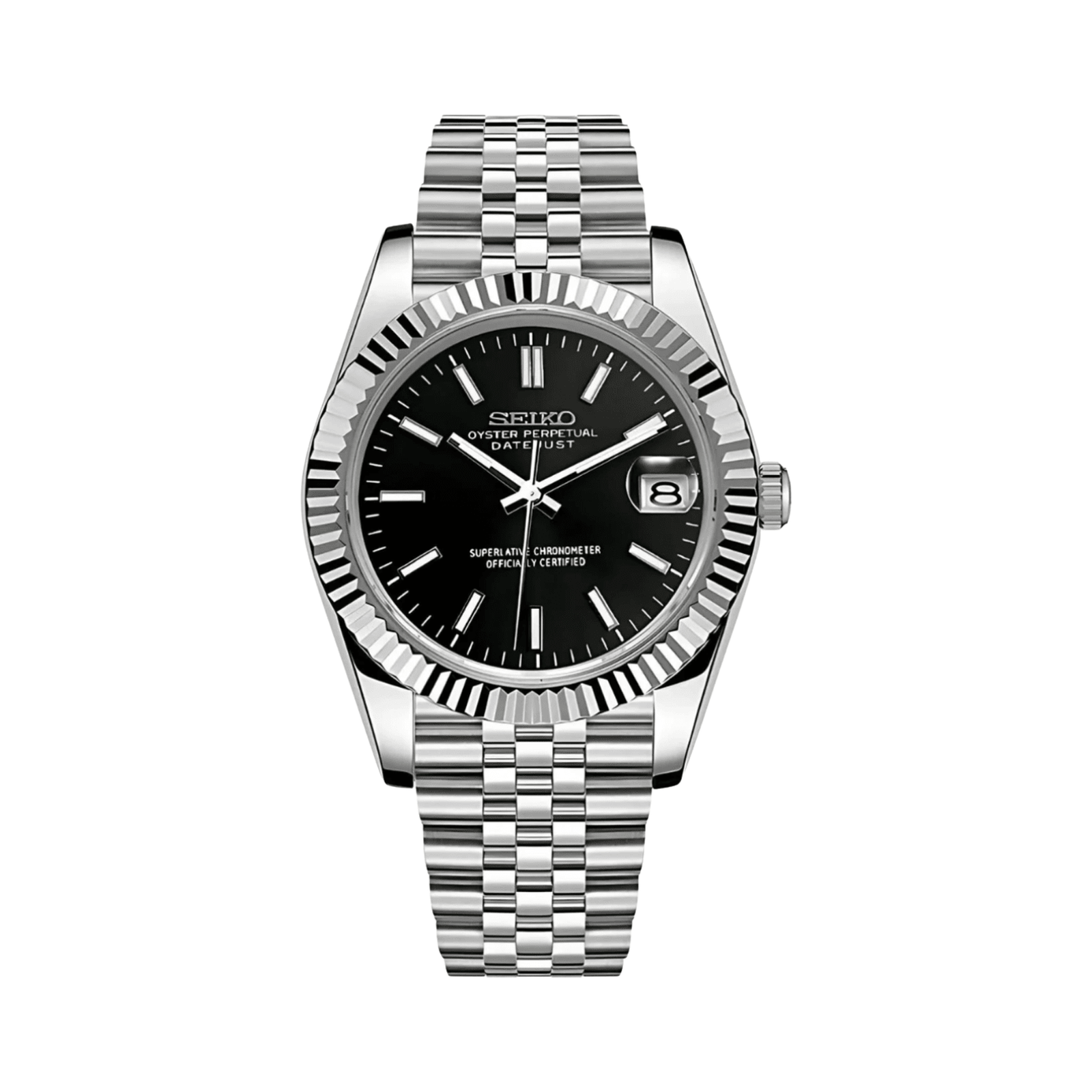 Datejust (Classic Black) Seiko NH35 automatic mod watch. A black dial watch with a fluted bezel and a jubilee bracelet, shown in a full product shot.