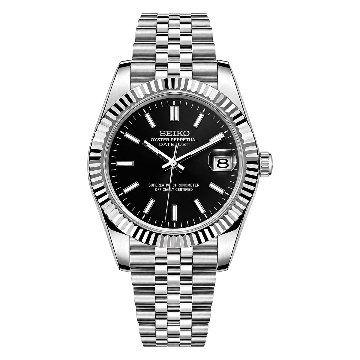 Datejust (Classic Black) Seiko NH35 automatic mod watch. A black dial watch with a fluted bezel and a jubilee bracelet, shown in a full product shot.