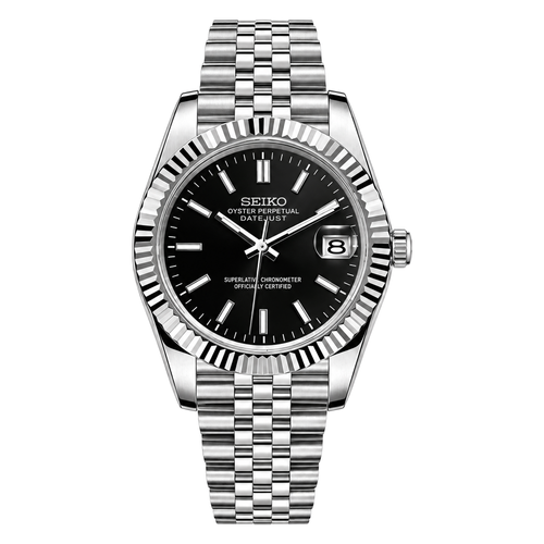 Datejust (Classic Black) Seiko NH35 automatic mod watch. A black dial watch with a fluted bezel and a jubilee bracelet, shown in a full product shot.