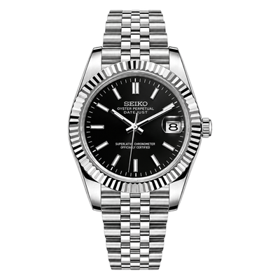 Datejust (Classic Black) Seiko NH35 automatic mod watch. A black dial watch with a fluted bezel and a jubilee bracelet, shown in a full product shot.