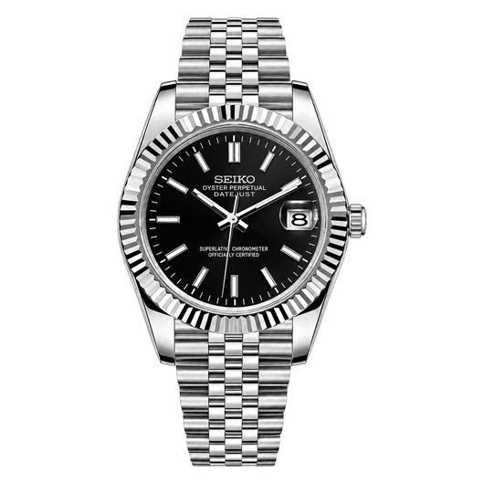 Datejust (Classic Black) Seiko NH35 automatic mod watch. A black dial watch with a fluted bezel and a jubilee bracelet, shown in a full product shot.