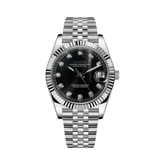 Datejust (Gem Black) Seiko NH35 automatic mod watch. A black dial watch with a fluted bezel and a jubilee bracelet, shown in a full product shot.