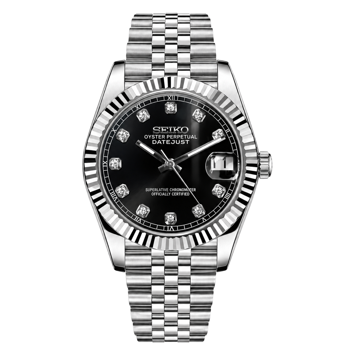 Datejust (Gem Black) Seiko NH35 automatic mod watch. A black dial watch with a fluted bezel and a jubilee bracelet, shown in a full product shot.