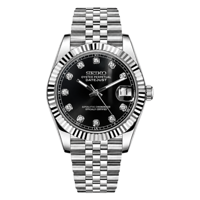 Datejust (Gem Black) Seiko NH35 automatic mod watch. A black dial watch with a fluted bezel and a jubilee bracelet, shown in a full product shot.