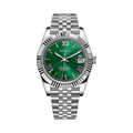 Datejust (Green Roman) Seiko NH35 automatic mod watch. A green dial watch with a silver fluted bezel and a silver jubilee bracelet shown in a full product shot.