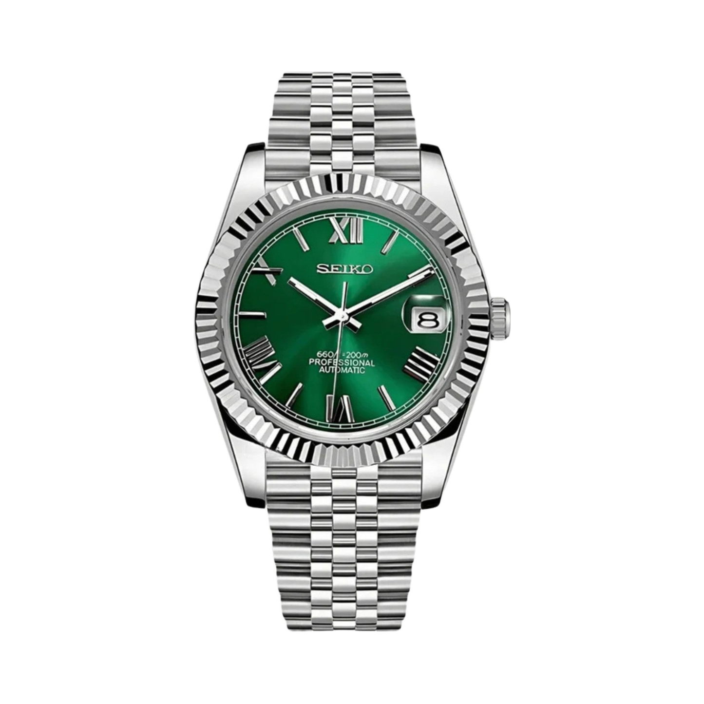 Datejust (Green Roman) Seiko NH35 automatic mod watch. A green dial watch with a silver fluted bezel and a silver jubilee bracelet shown in a full product shot.