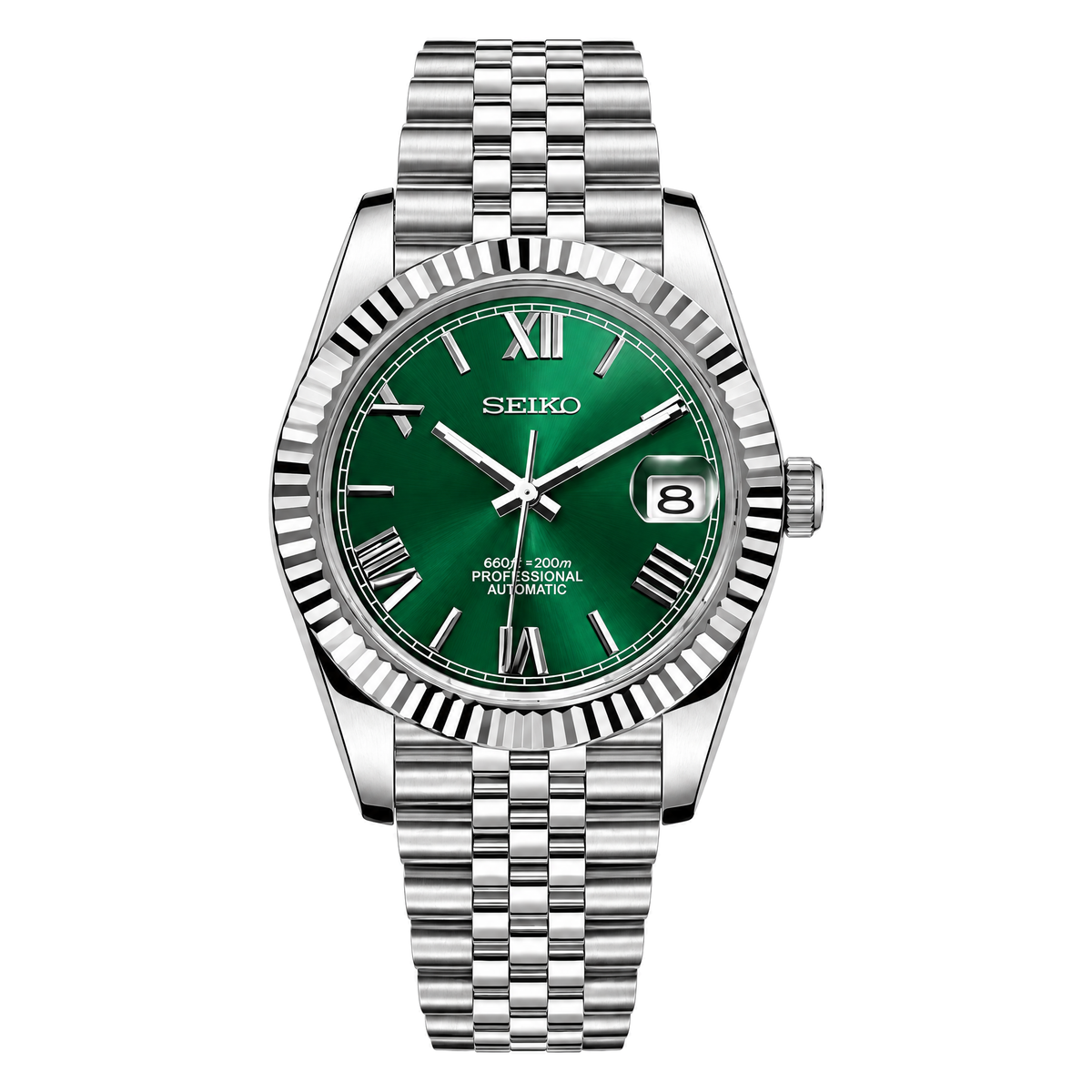 Datejust (Green Roman) Seiko NH35 automatic mod watch. A green dial watch with a silver fluted bezel and a silver jubilee bracelet shown in a full product shot.