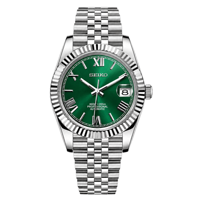 Datejust (Green Roman) Seiko NH35 automatic mod watch. A green dial watch with a silver fluted bezel and a silver jubilee bracelet shown in a full product shot.