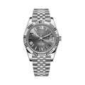 Datejust (Grey Roman) Seiko NH35 automatic mod watch. A grey dial watch with a silver fluted bezel and a metal jubilee bracelet shown in a full product shot.
