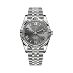 Datejust (Grey Roman) Seiko NH35 automatic mod watch. A grey dial watch with a silver fluted bezel and a metal jubilee bracelet shown in a full product shot.
