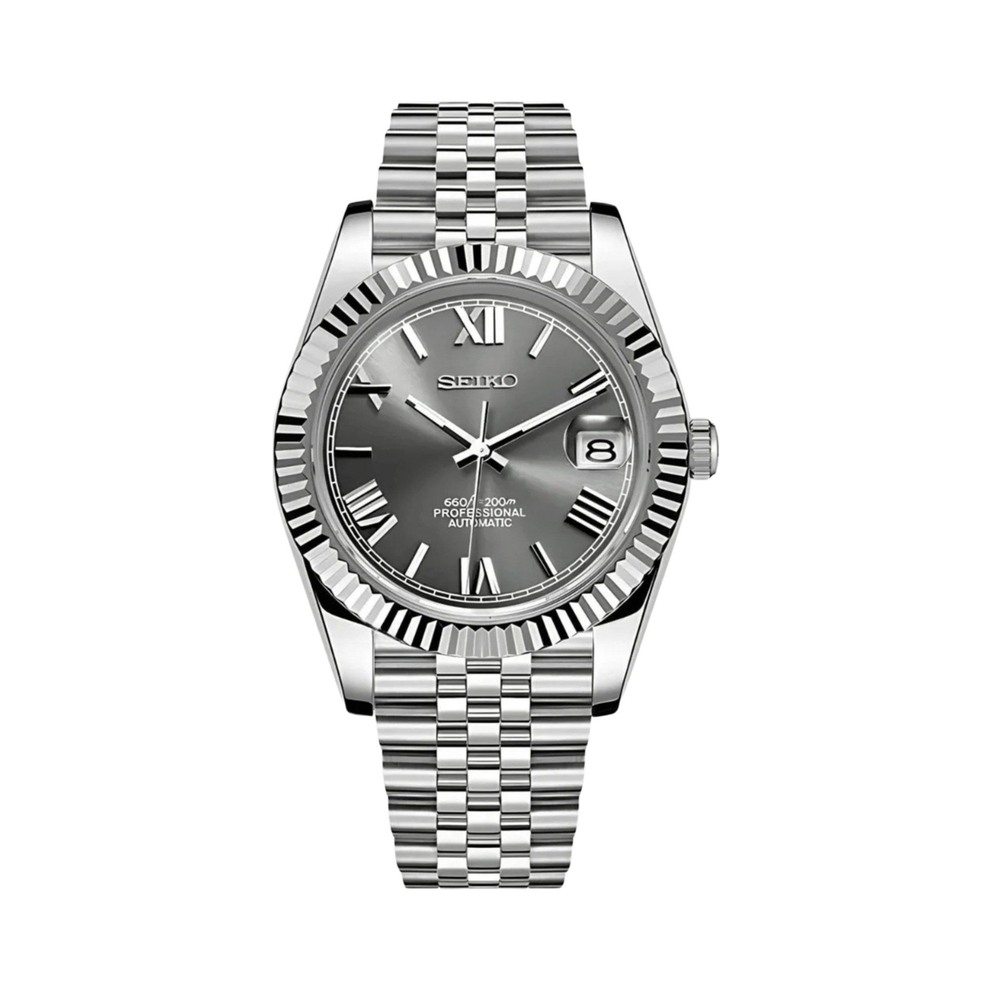 Datejust (Grey Roman) Seiko NH35 automatic mod watch. A grey dial watch with a silver fluted bezel and a metal jubilee bracelet shown in a full product shot.