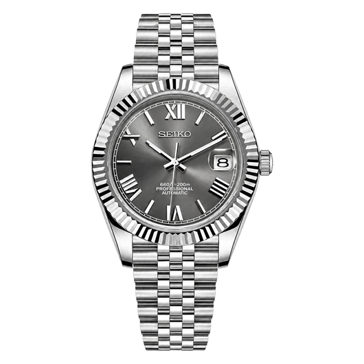 Datejust (Grey Roman) Seiko NH35 automatic mod watch. A grey dial watch with a silver fluted bezel and a metal jubilee bracelet shown in a full product shot.