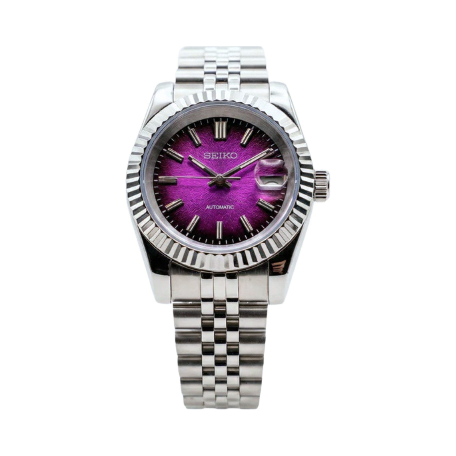 Datejust (Purple) Seiko NH35 automatic mod watch. A purple dial watch with a silver fluted bezel and a silver jubilee bracelet shown in a full product shot.