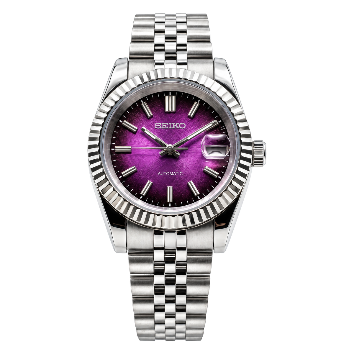 Datejust (Purple) Seiko NH35 automatic mod watch. A purple dial watch with a silver fluted bezel and a silver jubilee bracelet shown in a full product shot.
