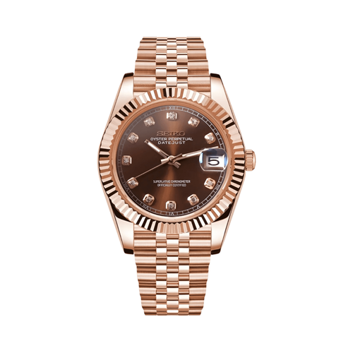 Datejust (Rose Gold Gem) Seiko NH35 automatic mod watch. A chocolate dial watch with a fluted bezel and a jubilee bracelet, shown in a full product shot.