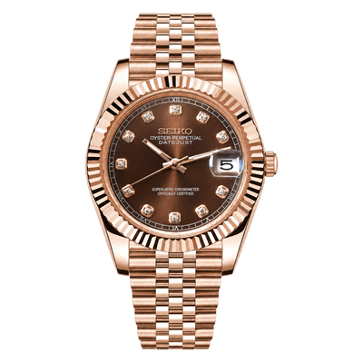 Datejust (Rose Gold Gem) Seiko NH35 automatic mod watch. A chocolate dial watch with a fluted bezel and a jubilee bracelet, shown in a full product shot.