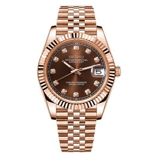 Datejust (Rose Gold Gem) Seiko NH35 automatic mod watch. A chocolate dial watch with a fluted bezel and a jubilee bracelet, shown in a full product shot.