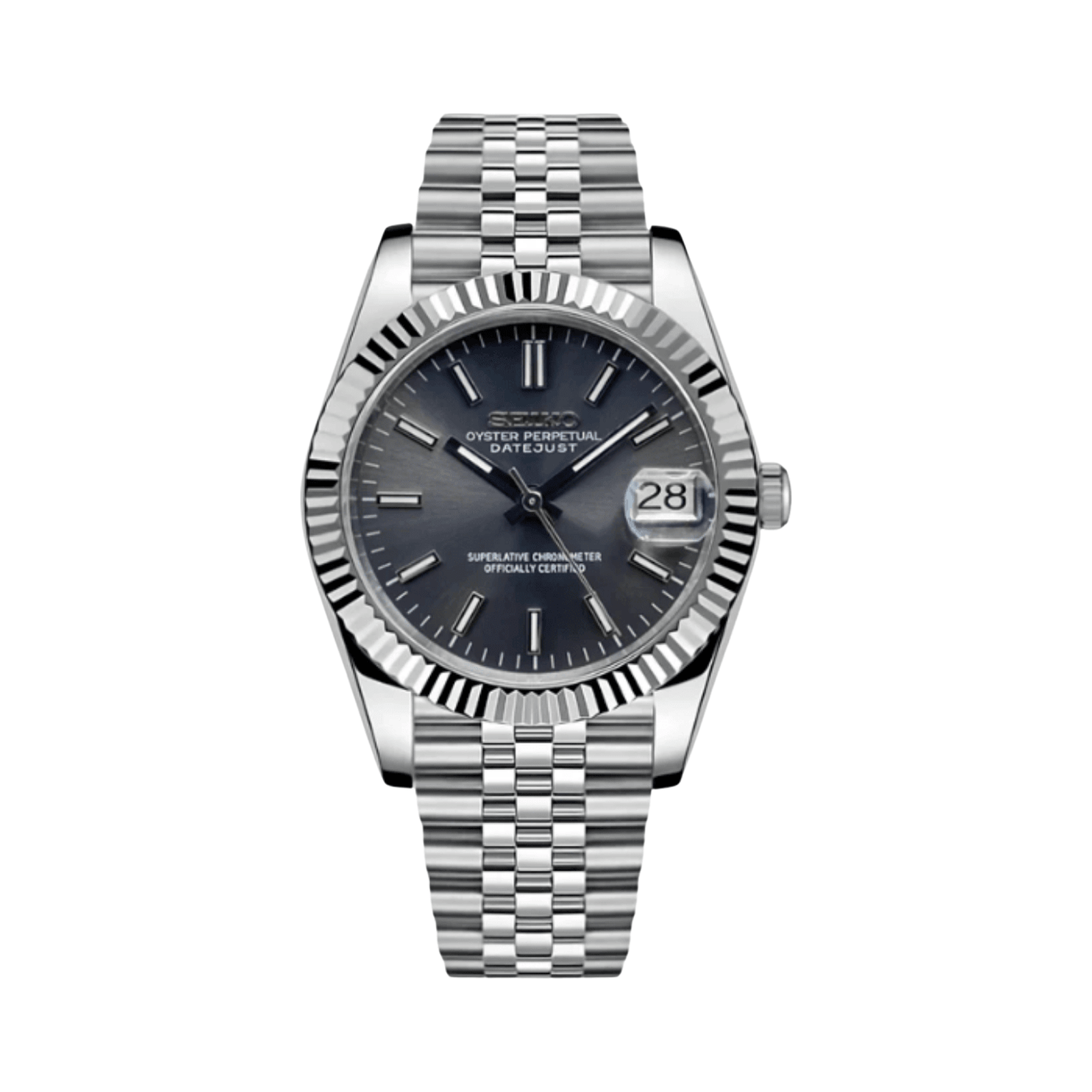 Datejust (Rhodium) Seiko NH35 automatic mod watch. A grey dial watch with a fluted bezel and a jubilee bracelet, shown in a full product shot.