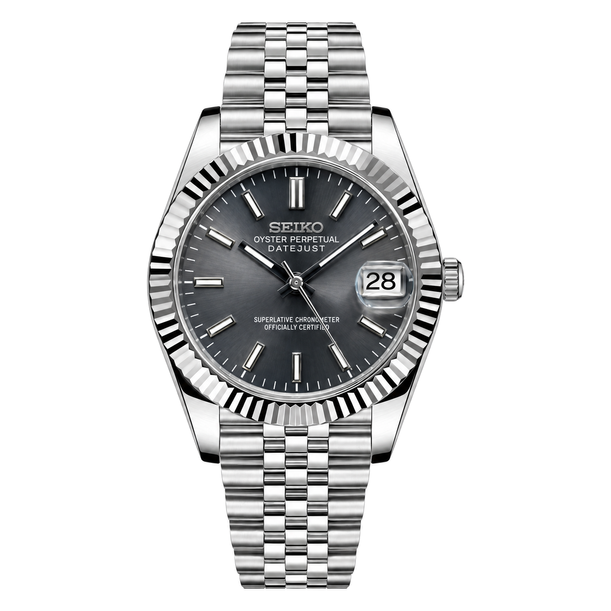 Datejust (Rhodium) Seiko NH35 automatic mod watch. A grey dial watch with a fluted bezel and a jubilee bracelet, shown in a full product shot.