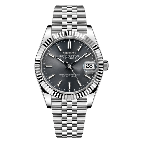 Datejust (Rhodium) Seiko NH35 automatic mod watch. A grey dial watch with a fluted bezel and a jubilee bracelet, shown in a full product shot.