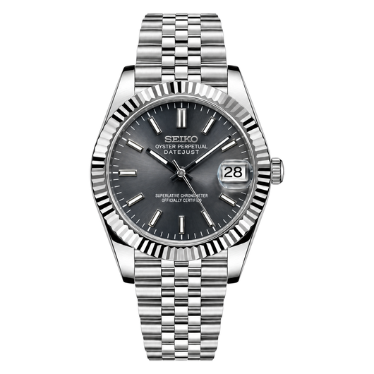 Datejust (Rhodium) Seiko NH35 automatic mod watch. A grey dial watch with a fluted bezel and a jubilee bracelet, shown in a full product shot.