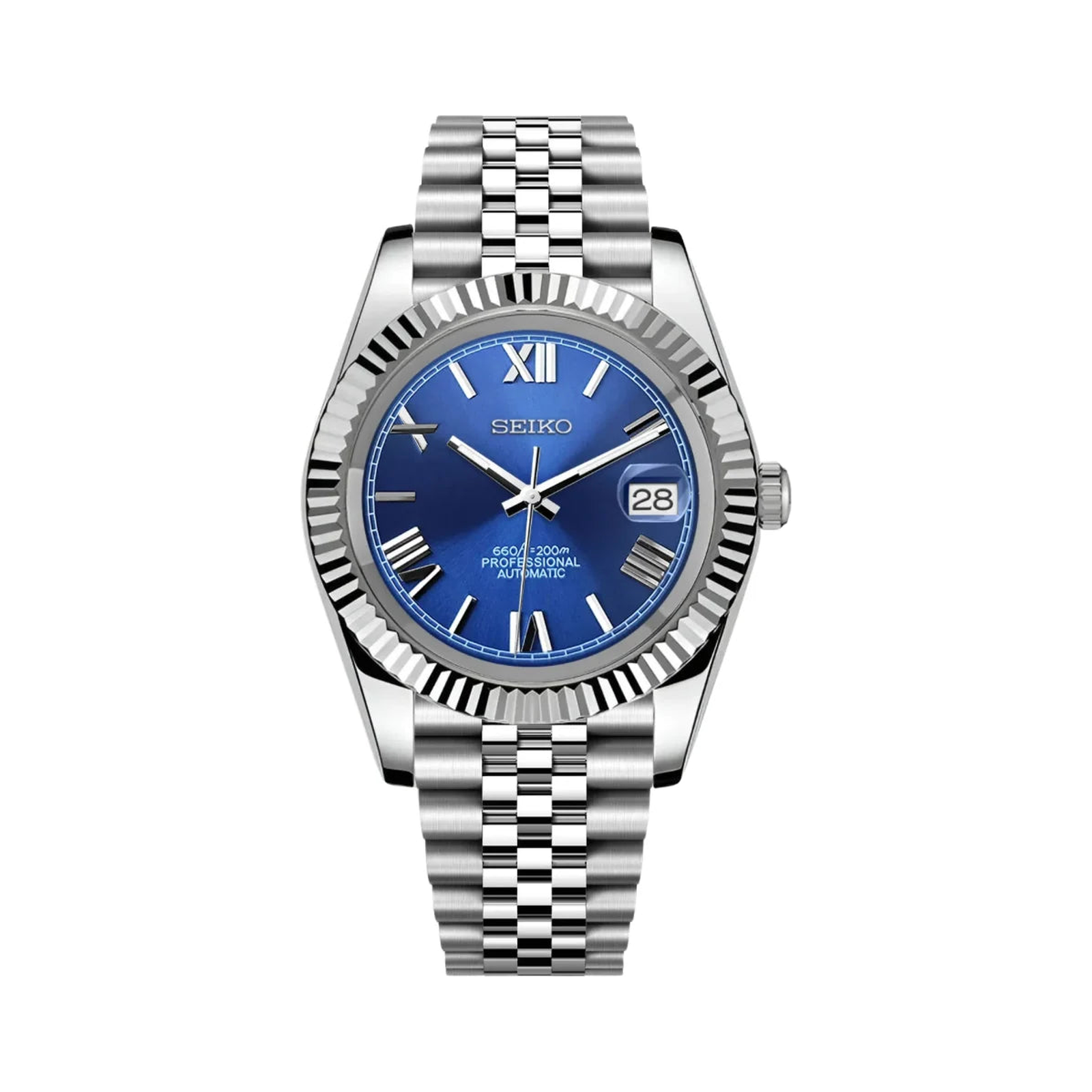 Datejust (Royal Blue Roman) Seiko NH35 automatic mod watch. A royal blue dial with Roman numerals, a silver fluted bezel and a jubilee bracelet, on a plain white background.
