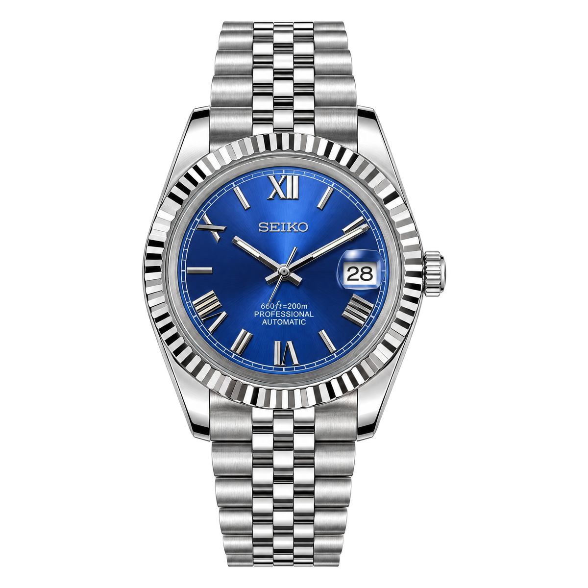 Datejust (Royal Blue Roman) Seiko NH35 automatic mod watch. A royal blue dial with Roman numerals, a silver fluted bezel and a jubilee bracelet, on a plain white background.