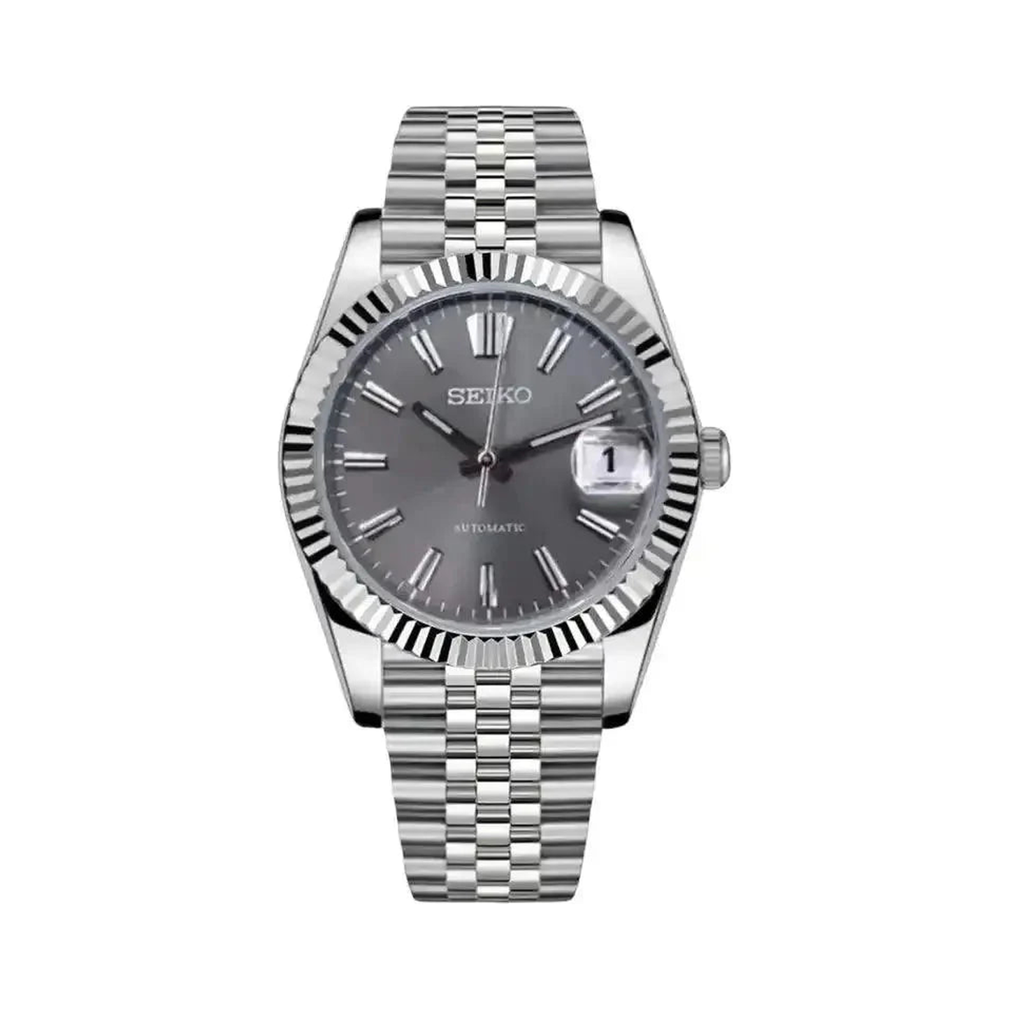 Datejust (Sunburst Grey) Seiko NH35 automatic mod watch. A grey dial watch with a fluted bezel and a jubilee bracelet, shown in a full product shot.