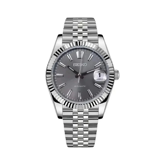 Datejust (Sunburst Grey) Seiko NH35 automatic mod watch. A grey dial watch with a fluted bezel and a jubilee bracelet, shown in a full product shot.
