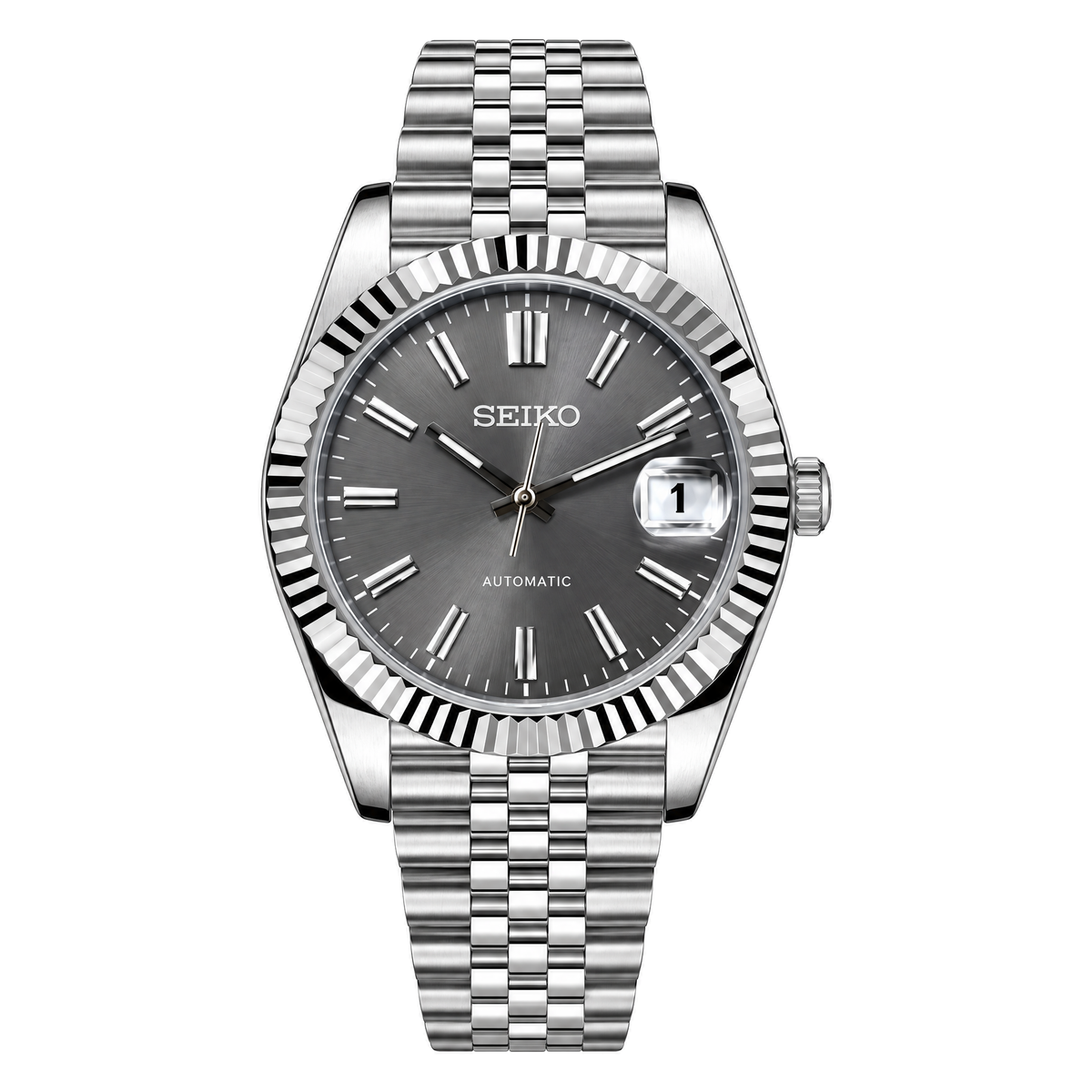 Datejust (Sunburst Grey) Seiko NH35 automatic mod watch. A grey dial watch with a fluted bezel and a jubilee bracelet, shown in a full product shot.