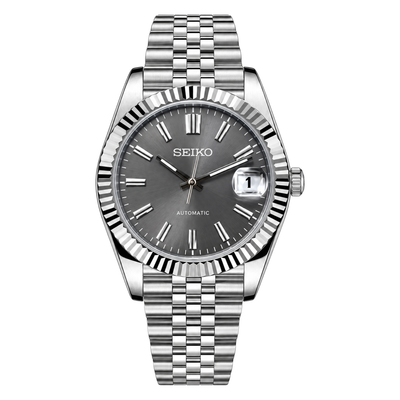 Datejust (Sunburst Grey) Seiko NH35 automatic mod watch. A grey dial watch with a fluted bezel and a jubilee bracelet, shown in a full product shot.