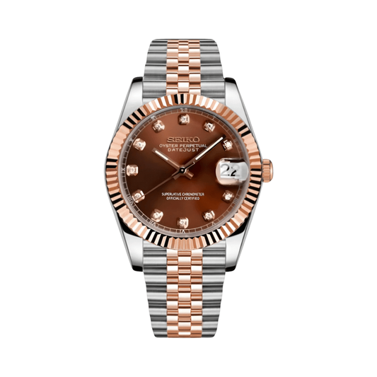 Datejust (Two-Tone Gem) Seiko NH35 automatic mod watch. A chocolate dial watch with a fluted bezel and a jubilee bracelet, shown in a full product shot.