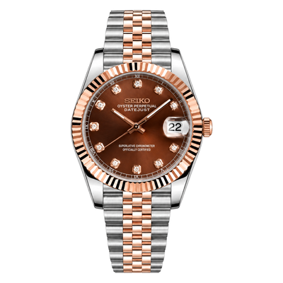 Datejust (Two-Tone Gem) Seiko NH35 automatic mod watch. A chocolate dial watch with a fluted bezel and a jubilee bracelet, shown in a full product shot.