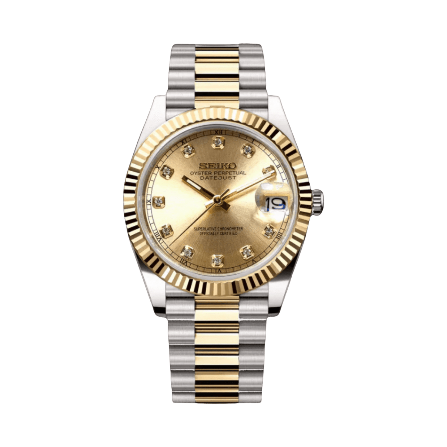 Datejust (Two-Tone Gold Gem) Seiko NH35 automatic mod watch. A champagne dial watch with a fluted bezel and a president bracelet, shown in a full product shot.