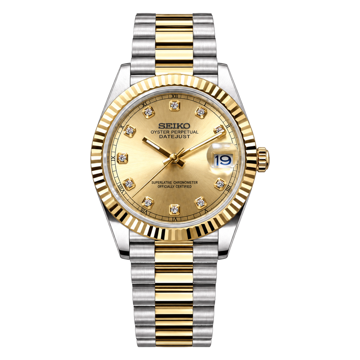 Datejust (Two-Tone Gold Gem) Seiko NH35 automatic mod watch. A champagne dial watch with a fluted bezel and a president bracelet, shown in a full product shot.