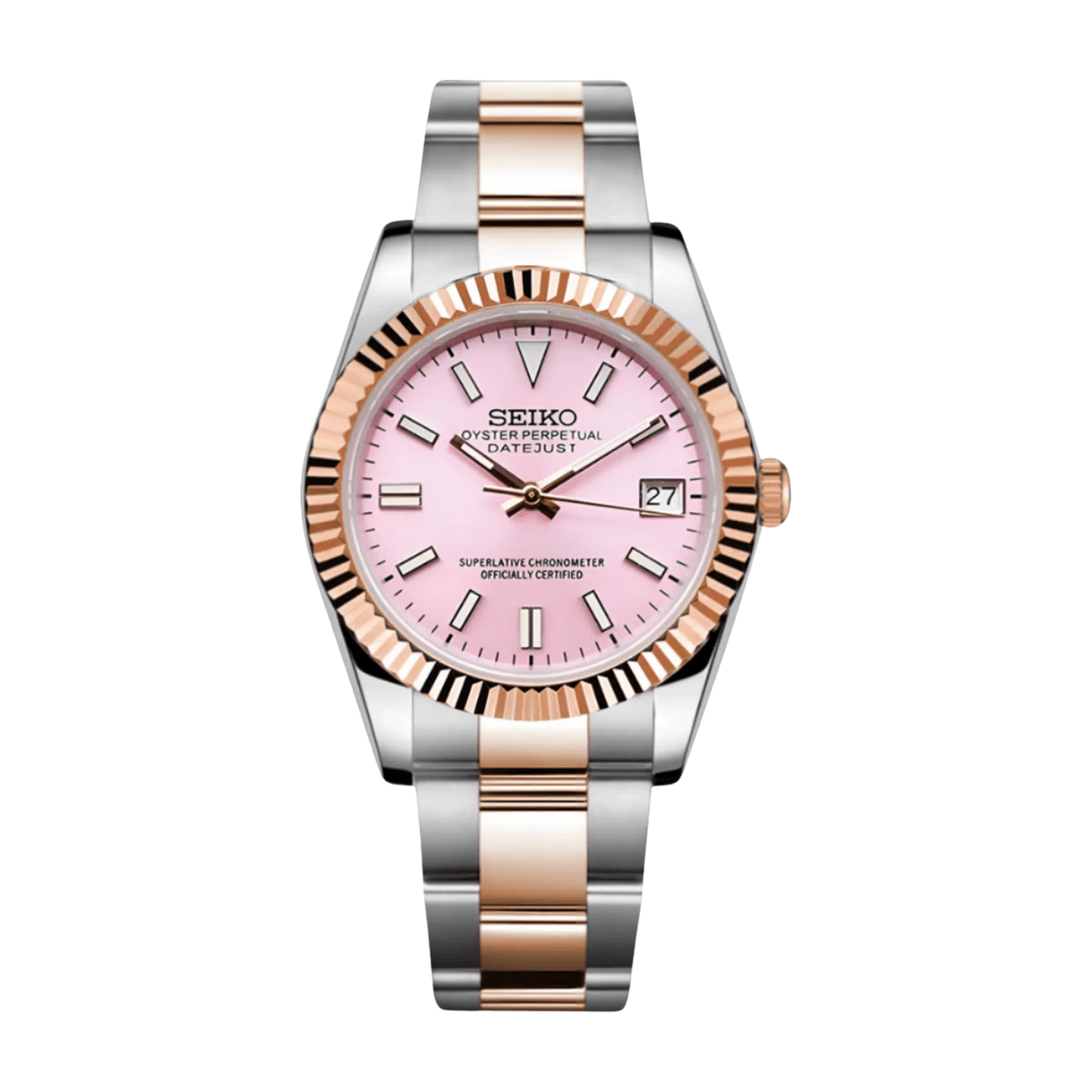 Datejust (Two-Tone Pink) Seiko NH35 automatic mod watch. A pink dial watch with a fluted bezel and a steel bracelet, shown in a full product shot.