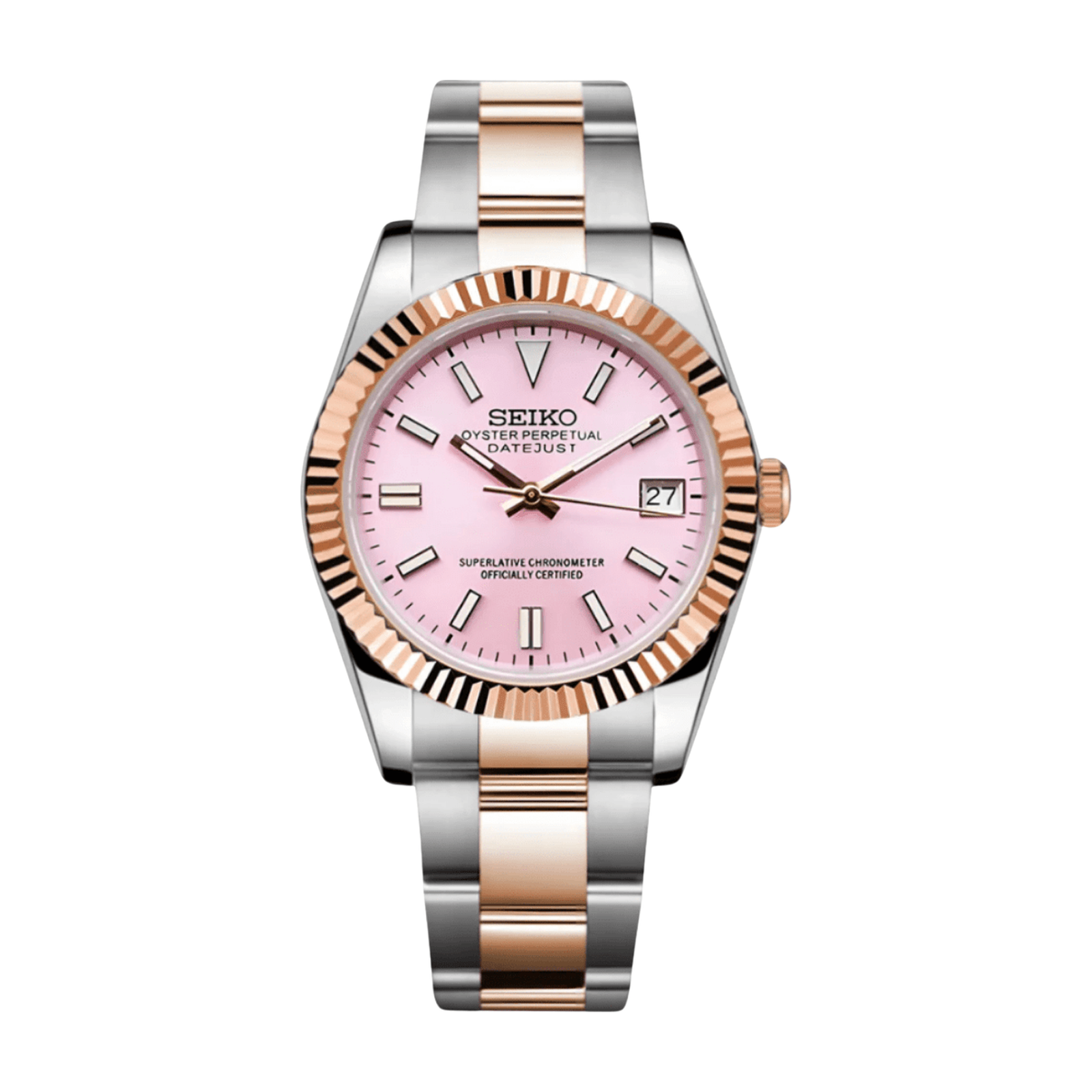 Datejust (Two-Tone Pink) Seiko NH35 automatic mod watch. A pink dial watch with a fluted bezel and a steel bracelet, shown in a full product shot.