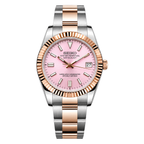 Datejust (Two-Tone Pink) Seiko NH35 automatic mod watch. A pink dial watch with a fluted bezel and a steel bracelet, shown in a full product shot.