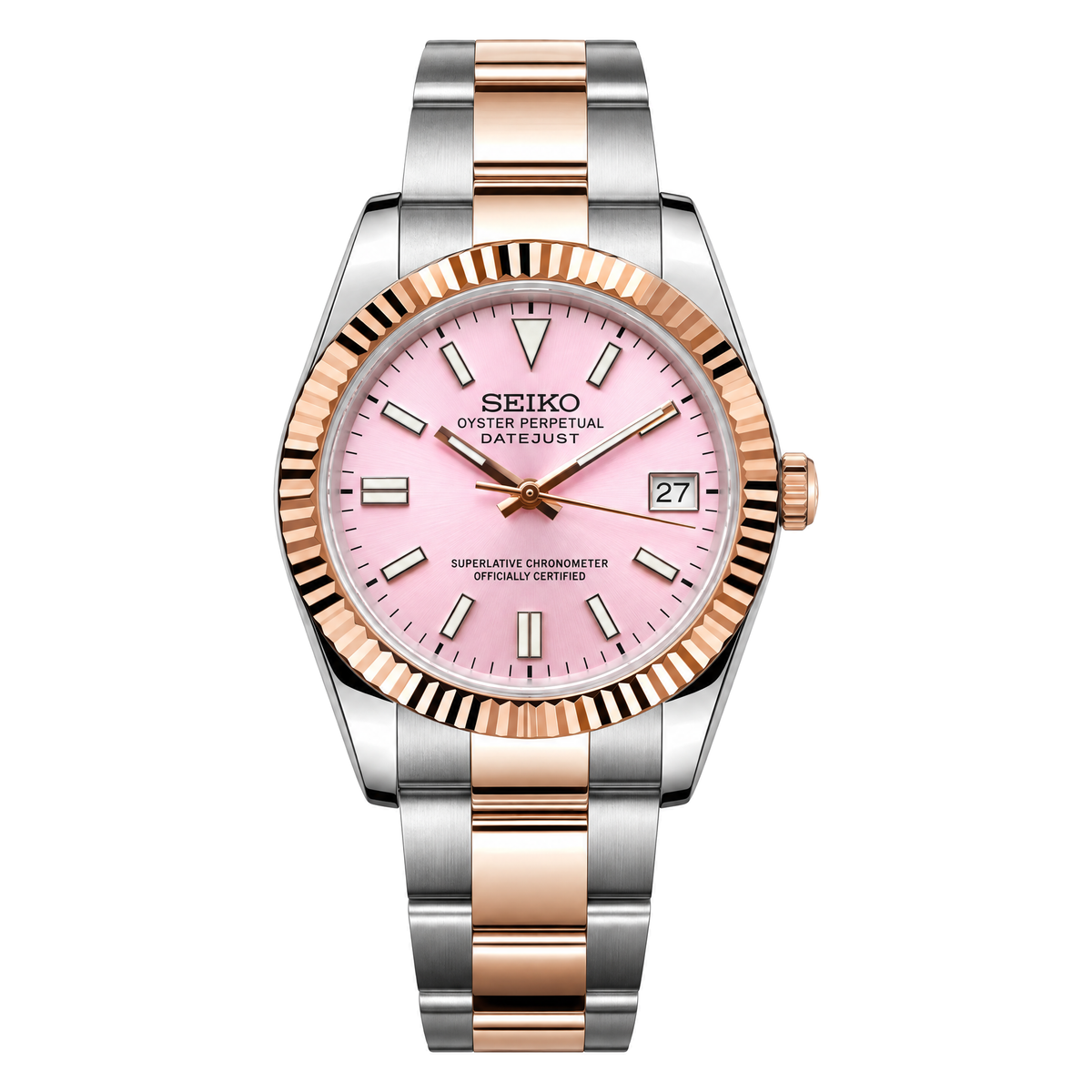 Datejust (Two-Tone Pink) Seiko NH35 automatic mod watch. A pink dial watch with a fluted bezel and a steel bracelet, shown in a full product shot.