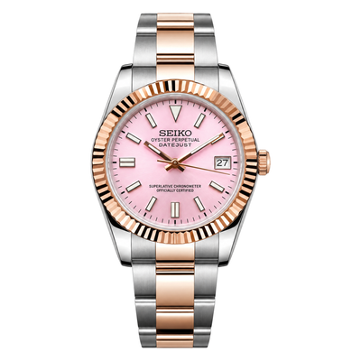 Datejust (Two-Tone Pink) Seiko NH35 automatic mod watch. A pink dial watch with a fluted bezel and a steel bracelet, shown in a full product shot.